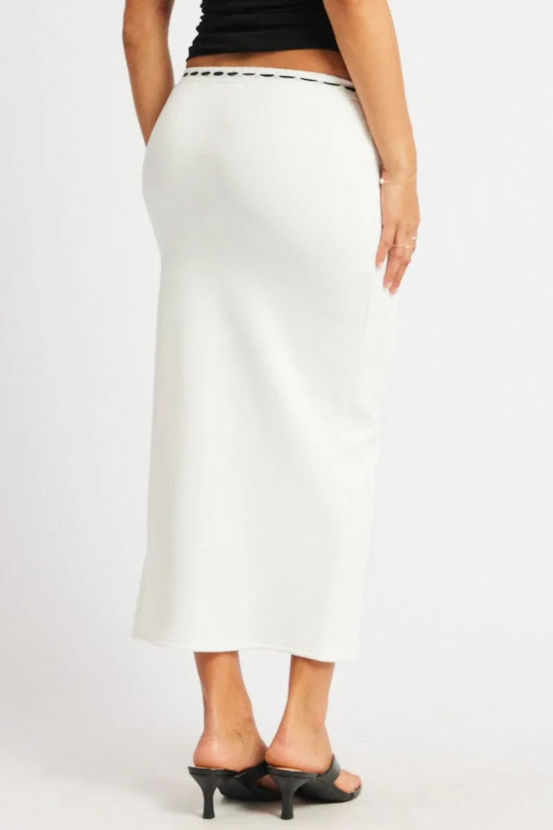 White Midi Skirt High Rise Lace Detail Rib Jersey