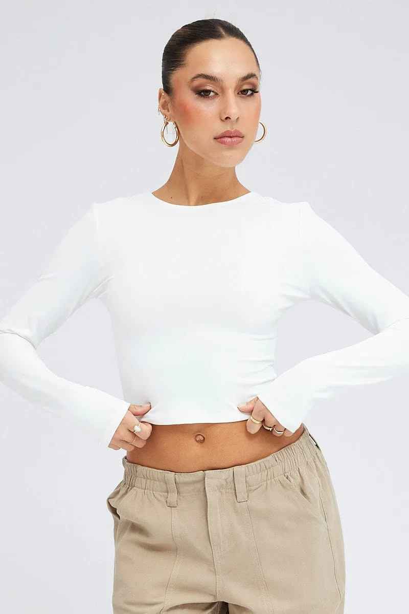 White Top Long Sleeve Round Neck Elastic Back Jersey